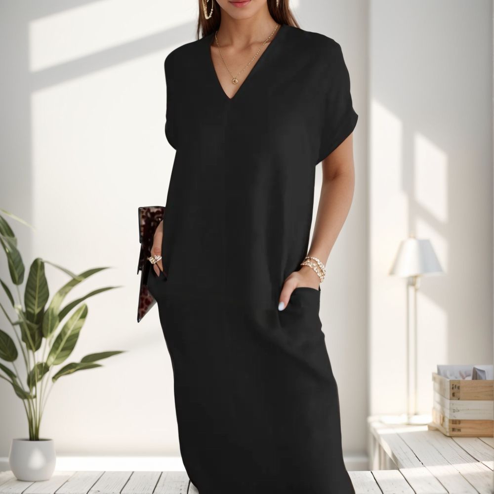 Vestido Charme™ em Linho de Algodão /Gola em V, Laço nas Costas e Fendas que Realçam Sua Beleza!